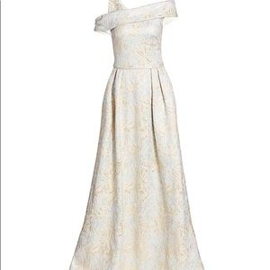 Asymmetrical cold-shoulder tissue cloque ball gown